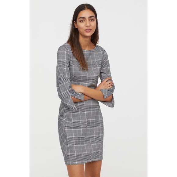 H&M Plaid Black Grey Print Mini Dress 3/4th Sz 0 - Picture 6 of 14